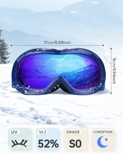 VELAZZIO Kids Ski Goggles, Snowboard Goggles OTG Snow Goggles Anti-Fog Double-Layer Lenses, 100% UV Protection (Blue Frame/Blue Lens with REVO Blue Coating (VLT 52%))