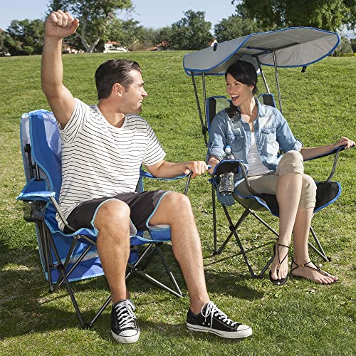 Kelsyus Premium Portable Camping Folding Outdoor Lawn Chair w/50+ UPF Canopy, Cup Holder, & Carry Strap, for Sports, Beach, Lake, Blue & Gray (2 Pack)