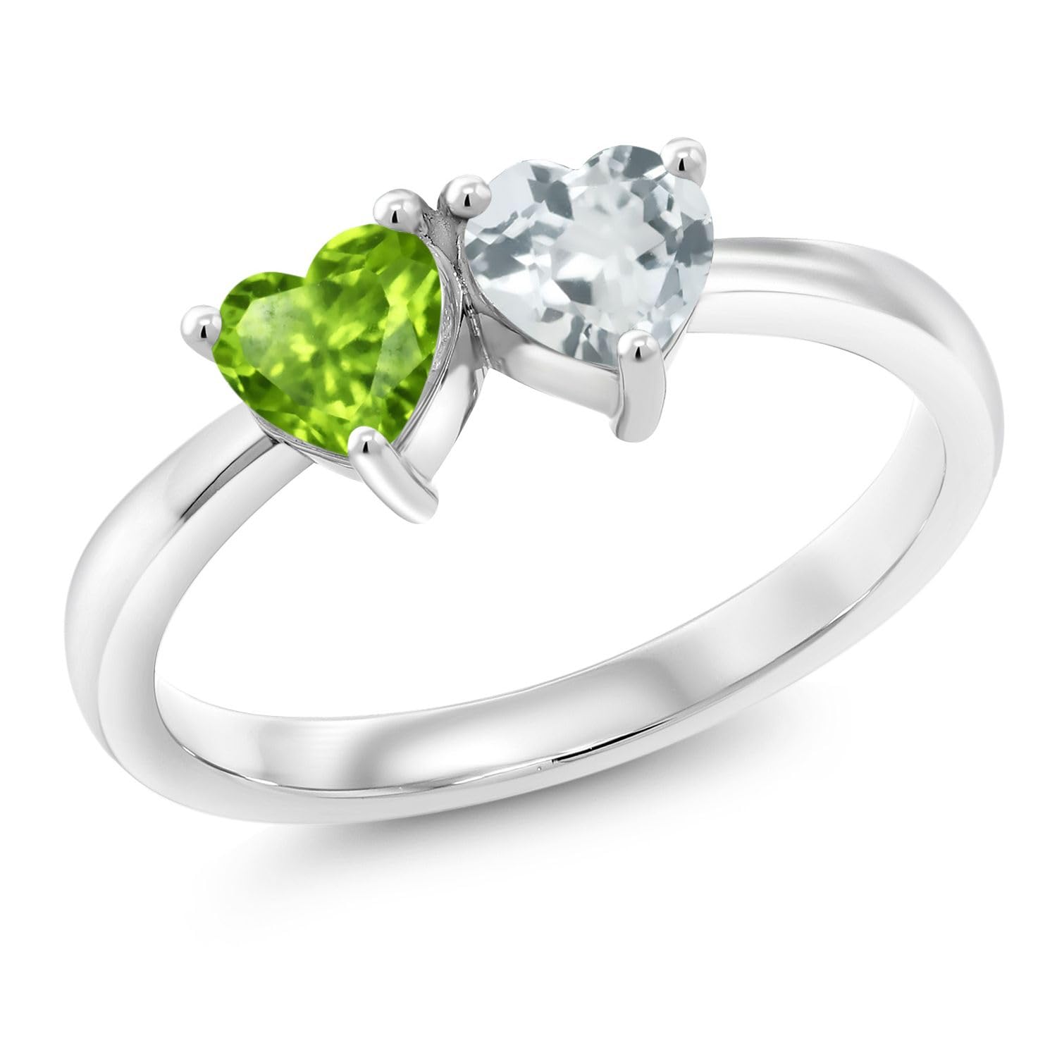 Gem Stone King 925 Sterling Silver Green Peridot and Sky Blue Aquamarine Women Ring (0.92 Cttw, Heart Shape, Gemstone Birthstone, Available In Size 5, 6, 7, 8, 9)