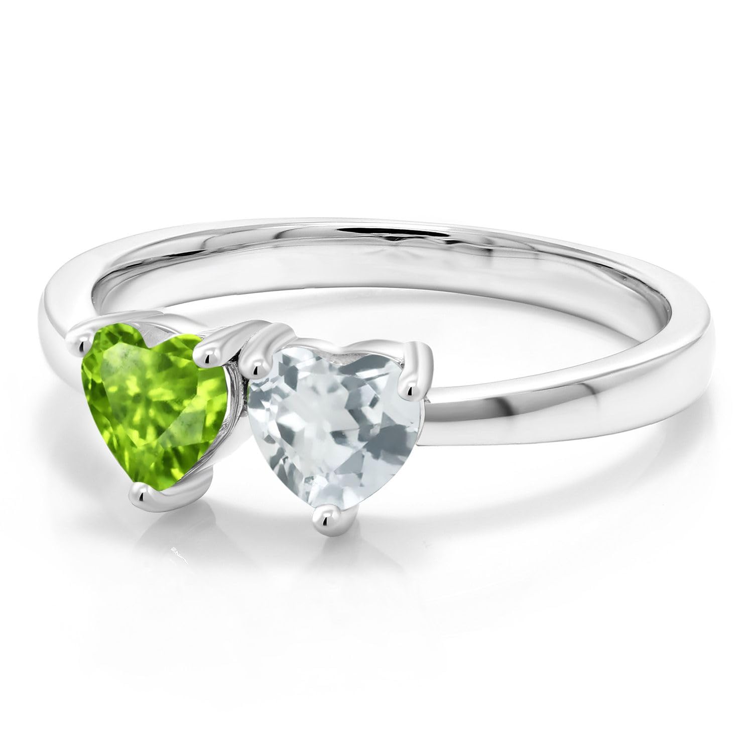 Gem Stone King 925 Sterling Silver Green Peridot and Sky Blue Aquamarine Women Ring (0.92 Cttw, Heart Shape, Gemstone Birthstone, Available In Size 5, 6, 7, 8, 9)