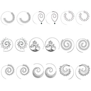 9 pairs silver bohemian vintage tribal swirl spiral statement hoop earrings set for tweens women (silver)