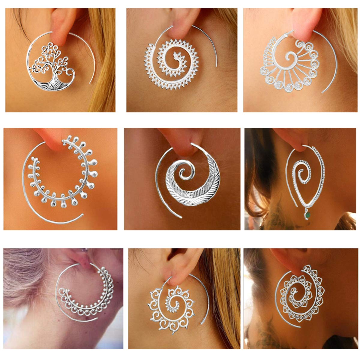 9 Pairs Silver Bohemian Vintage Tribal Swirl Spiral Statement Hoop Earrings Set For Tweens Women (silver)