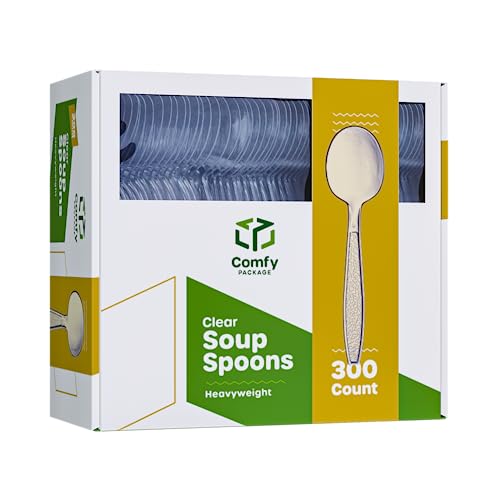 [300 Pack] Heavyweight Disposable Clear Plastic Soup Spoons - Engraved Design