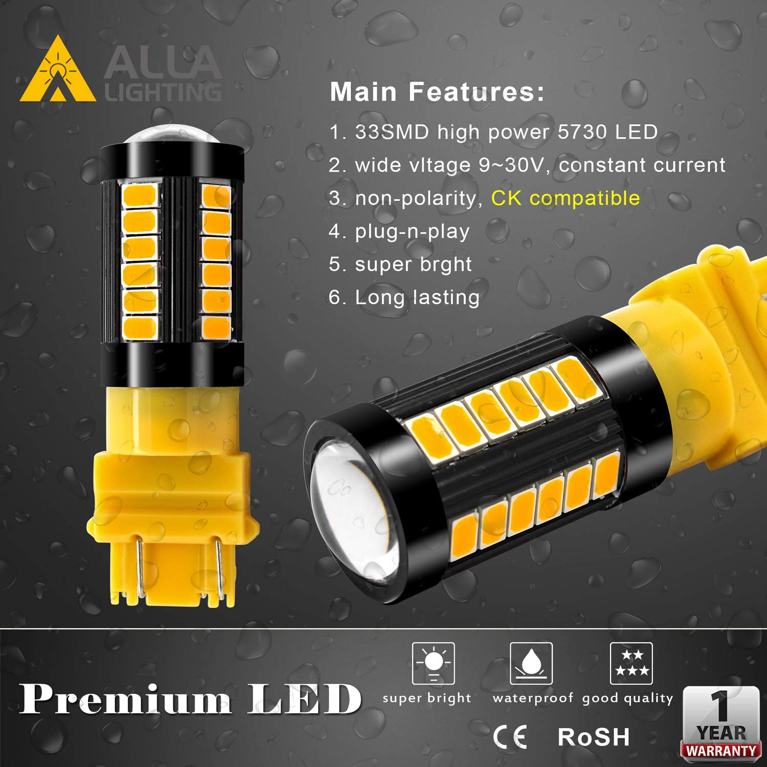 Alla Lighting 2800lm 3156 3157 LED Turn Signal Lights Bulbs, Amber Yellow T25 4157 5702 3457 AK 3757 NAK Blinker Lamps Replacement Xtreme Super Bright 12V 5730 33-SMD