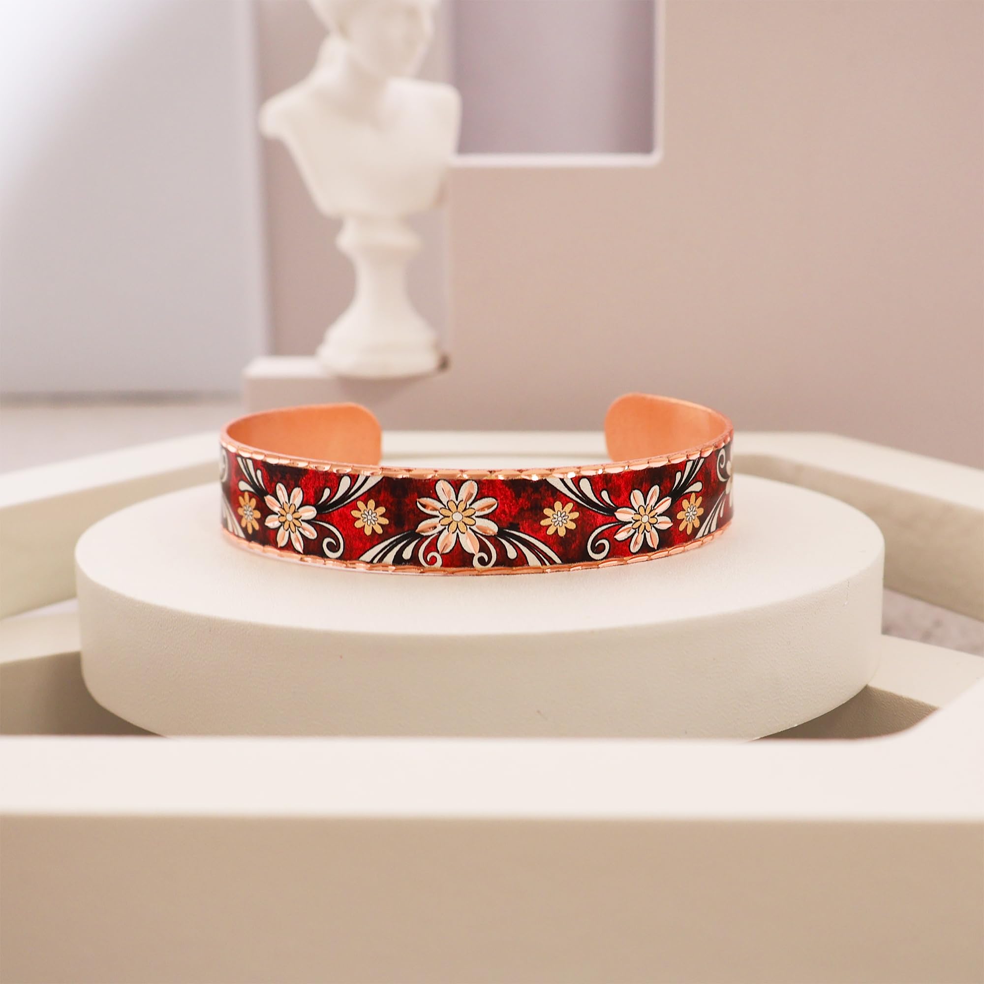 FRONT LINE JEWELRY Women's Red Flower Bracelets Cuff Daisy Flowers Bracelets on a Copper Cuff with a Red Background. Valentine's Day Gifts