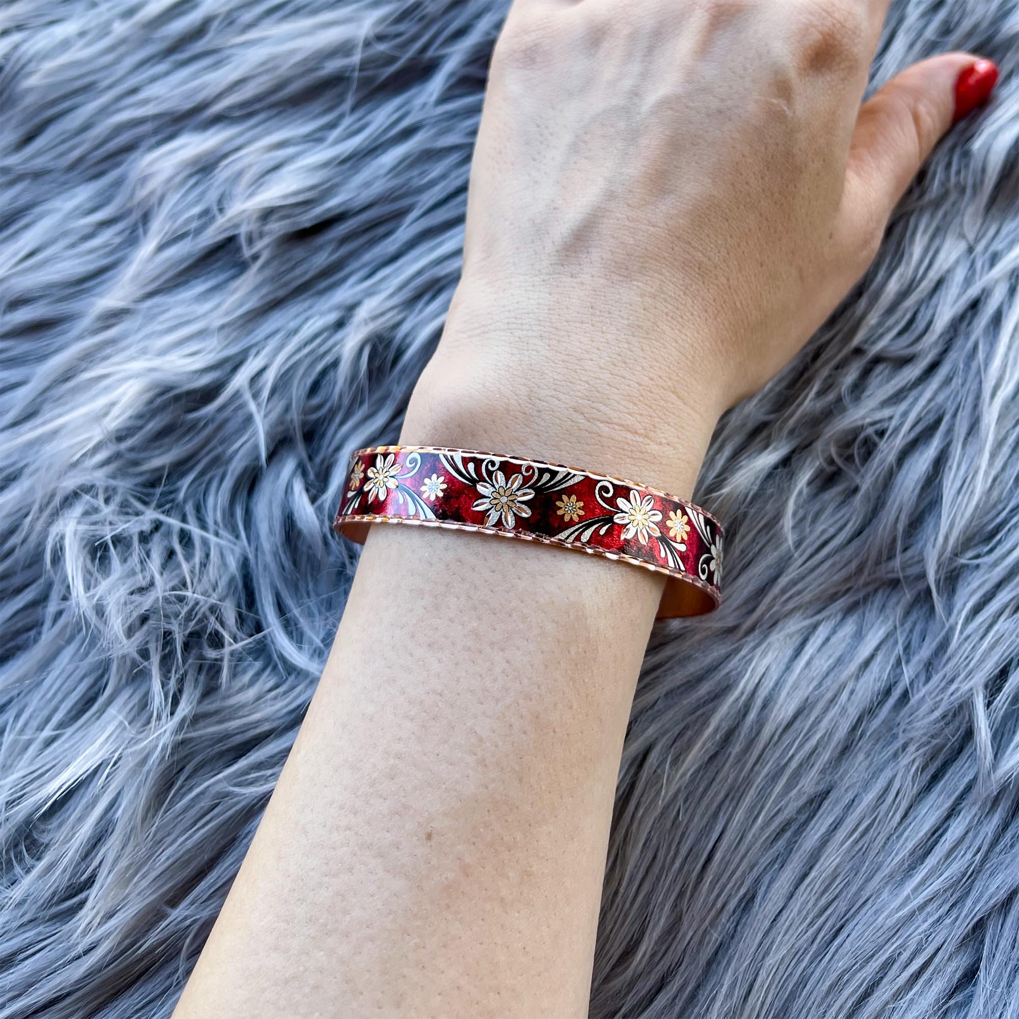 FRONT LINE JEWELRY Women's Red Flower Bracelets Cuff Daisy Flowers Bracelets on a Copper Cuff with a Red Background. Valentine's Day Gifts