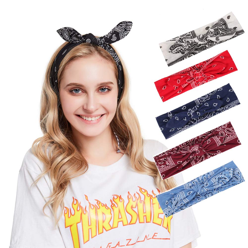 Yeshan Boho Bow Headbands for Women Vintage Paisley Bandana Flower Printed Hairband Elastic Rabbit ear Head Wrap Cute Hair Accessories,pack of 6