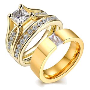 two rings his hers wedding ring sets couples rings women's 10k yellow gold filled white cz wedding engagement ring bridal sets & men's stainless steel wedding band