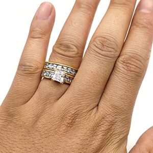 wedding ring set Two Rings His Hers Couples Rings Women's 10k Yellow Gold Filled White CZ Wedding Engagement Ring Bridal Sets & Men's Stainless Steel Wedding Band