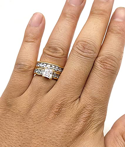 wedding ring set Two Rings His Hers Couples Rings Women's 10k Yellow Gold Filled White CZ Wedding Engagement Ring Bridal Sets & Men's Stainless Steel Wedding Band