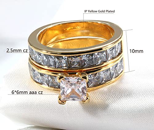 wedding ring set Two Rings His Hers Couples Rings Women's 10k Yellow Gold Filled White CZ Wedding Engagement Ring Bridal Sets & Men's Stainless Steel Wedding Band