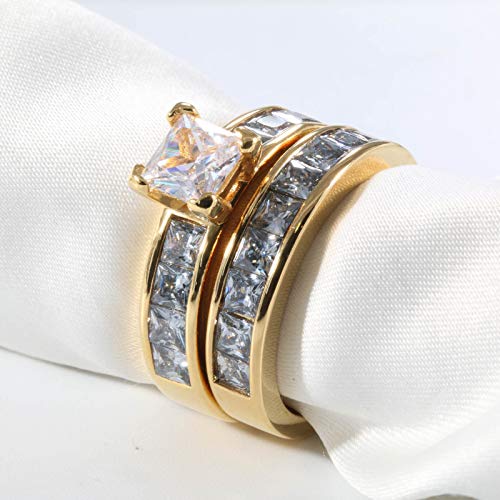 wedding ring set Two Rings His Hers Couples Rings Women's 10k Yellow Gold Filled White CZ Wedding Engagement Ring Bridal Sets & Men's Stainless Steel Wedding Band