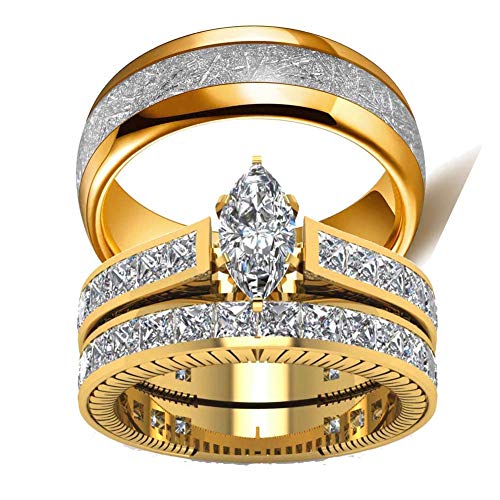 TWO RINGS His Hers Wedding Ring Sets Couples Rings Women's 10k Yellow Gold Filled White CZ Wedding Engagement Ring Bridal Sets & Men's Titanium Wedding Band