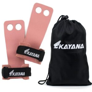 KAYANA 2 Hole Leather Gymnastics Hand Grips - Palm Protection and Wrist Support for Cross Training, Kettlebells, Pull ups, Weightlifting, Chin ups, Workout, & Exercise (Pink, Small)