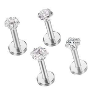 gabry&jwl 4pcs 16g 316l stainless steel lip studs/ear studs love/star/square/round shape cubic zircon labret tragus cartilage helix lobe earring studs monroe lip piercing