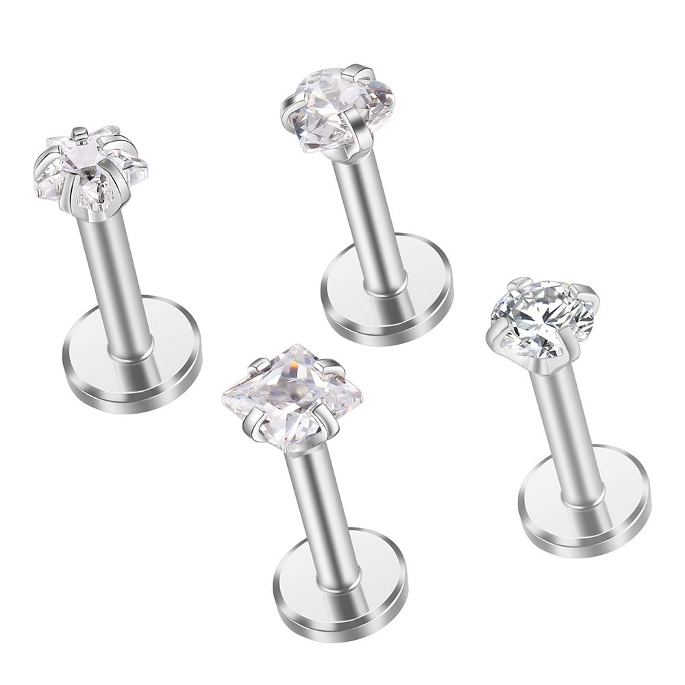 Gabry&jwl 4Pcs 16G 316L Stainless Steel Lip Studs/Ear Studs Love/Star/Square/Round Shape Cubic Zircon Labret Tragus Cartilage Helix Lobe Earring Studs Monroe Lip Piercing