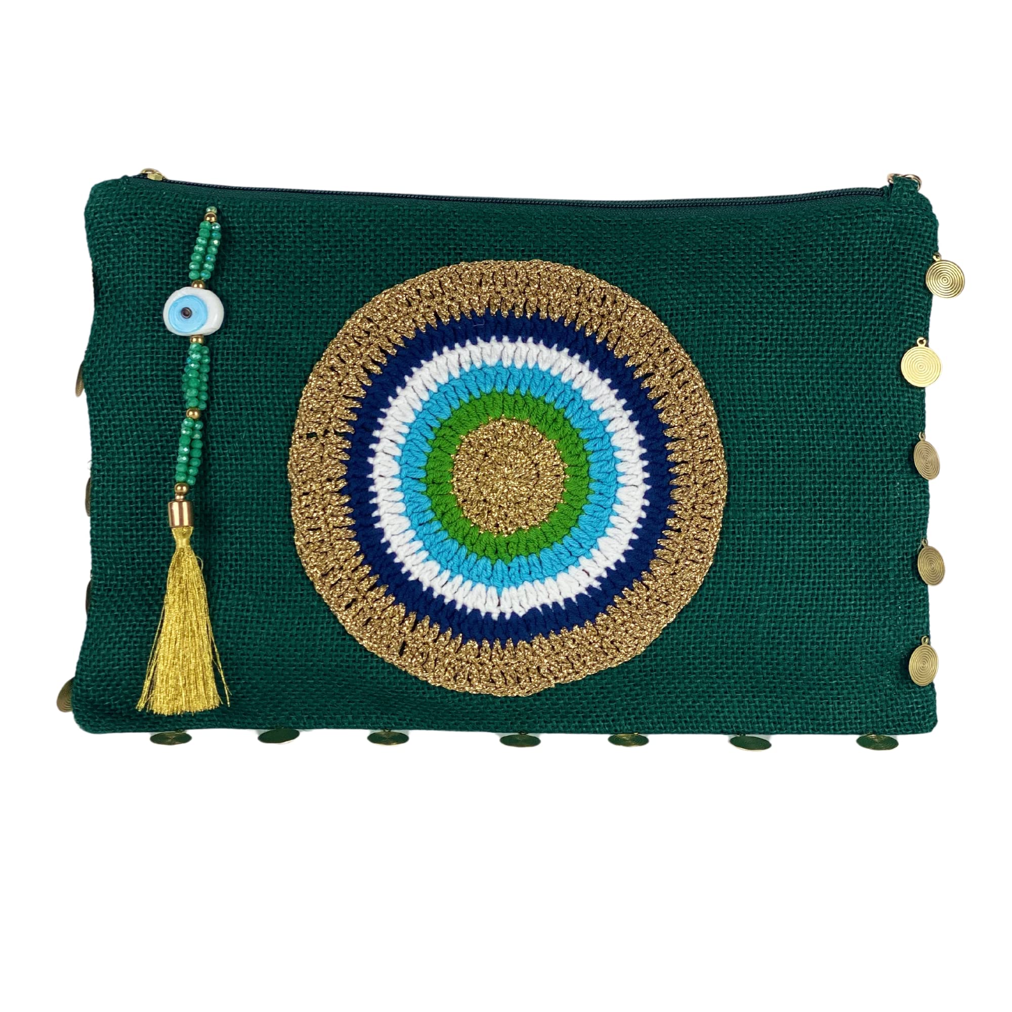 Evil Eye Clutch Bag Green Jute Handbag Zipper Closure Wipeable Lining