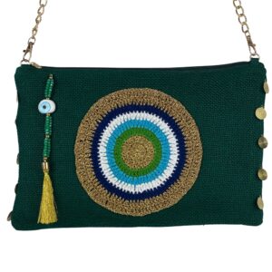 Evil Eye Clutch Bag Green Jute Handbag Zipper Closure Wipeable Lining