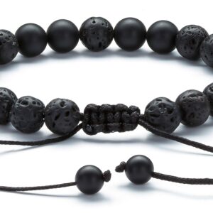 Hamoery Men Women 8mm Lava Rock Aromatherapy Anxiety Essential Oil Diffuser Bracelet Adjustable Natural Stone Yoga meditation relaxation Beads Bracelet Bangle(Matte Black Agate)