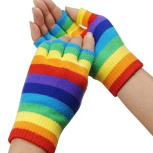 Bienvenu Unisex Half Finger Gloves Kint Convertible Fingerless Winter Mitten, Rainbow