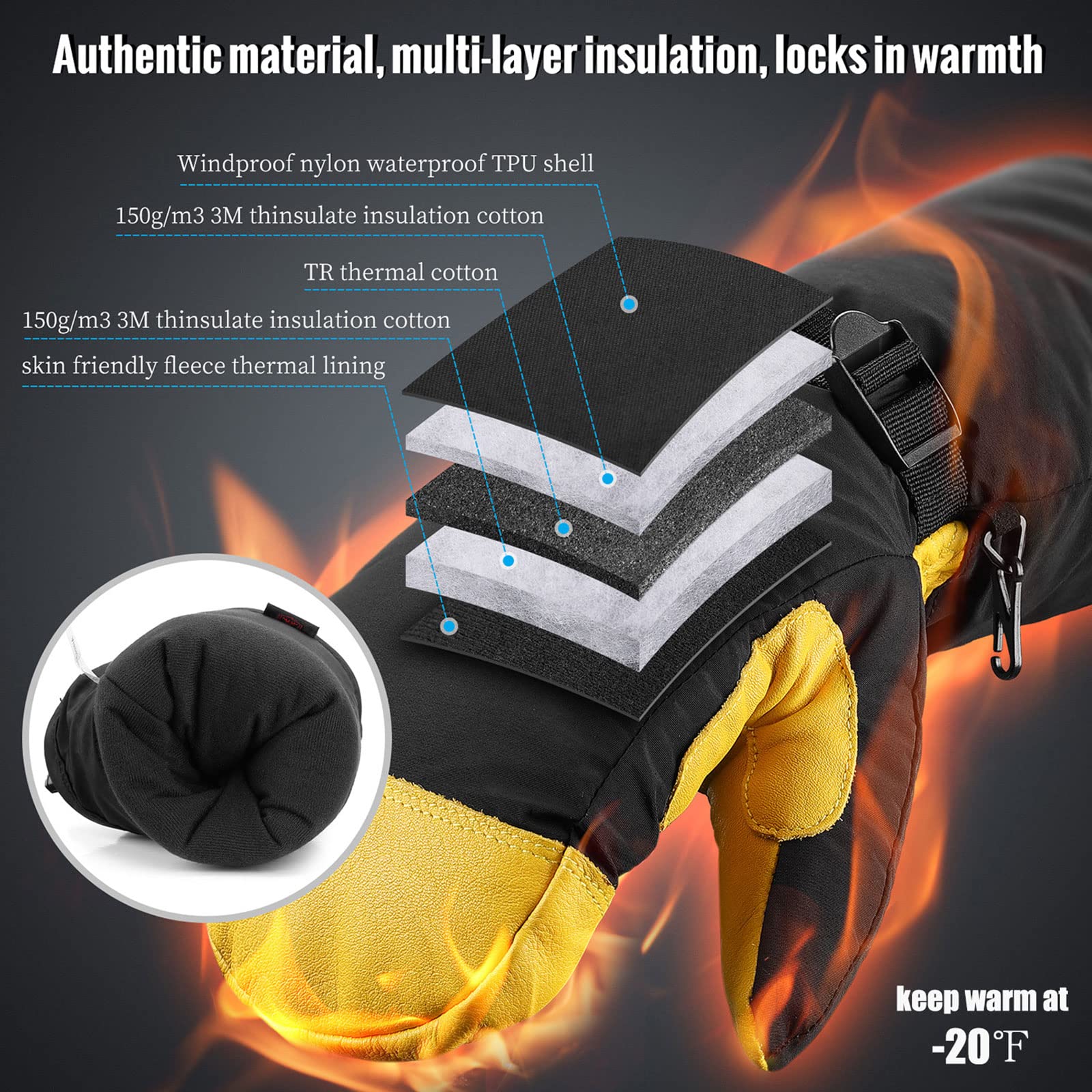 OZERO Winter Ski Gloves Cold Weather Glove Snow Mittens with Thermal Insulation Work Gloves