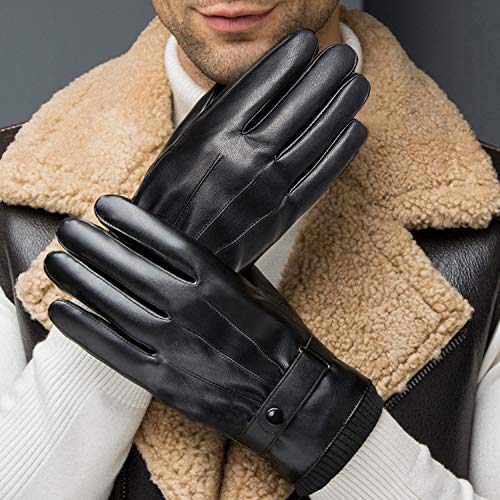 SANKUU Winter Leather Gloves for Men, Touchscreen Snap Closure Cycling Black Gloves Outdoor Riding Warm Waterproof Gloves(Large)