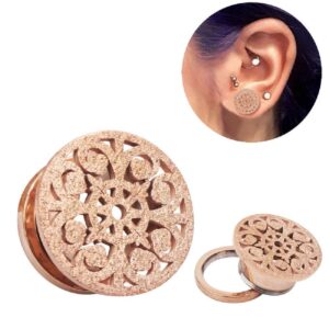 Frosted Filigree Flower Ear Plugs Tunnels Expander Gauges Stretcher Earrings Hollow-Out Screw Stainless Steel Piercing Body Jewelry (Rose Gold 2g(6mm))