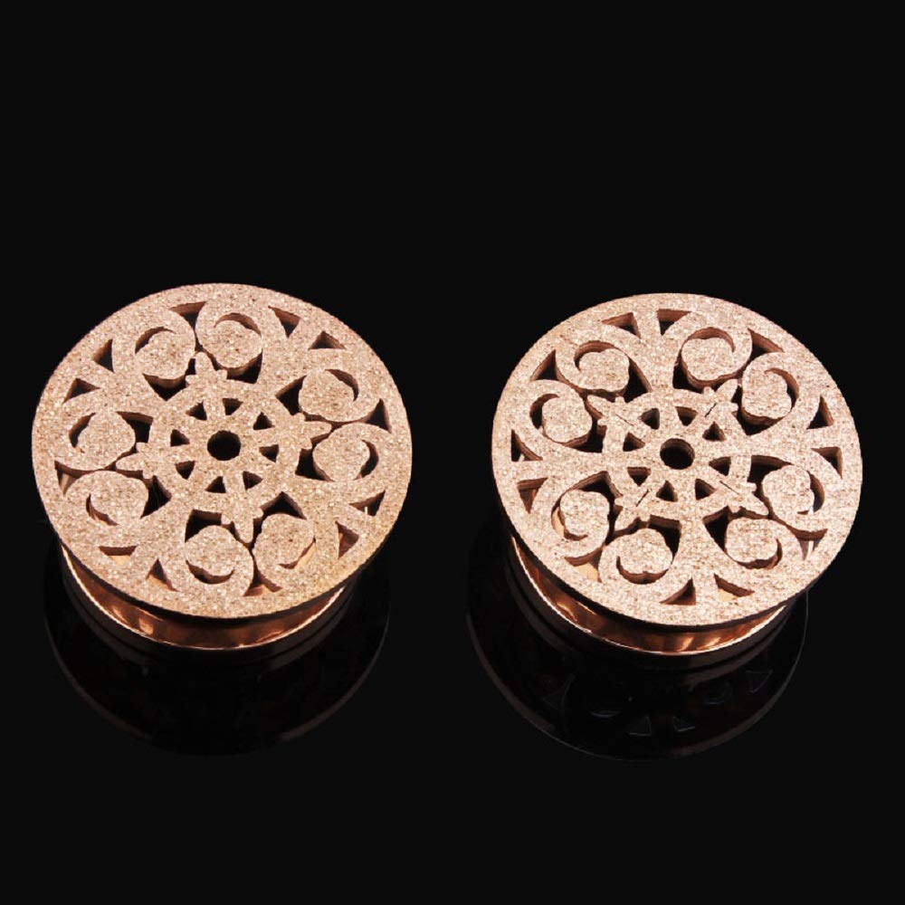 Frosted Filigree Flower Ear Plugs Tunnels Expander Gauges Stretcher Earrings Hollow-Out Screw Stainless Steel Piercing Body Jewelry (Rose Gold 2g(6mm))