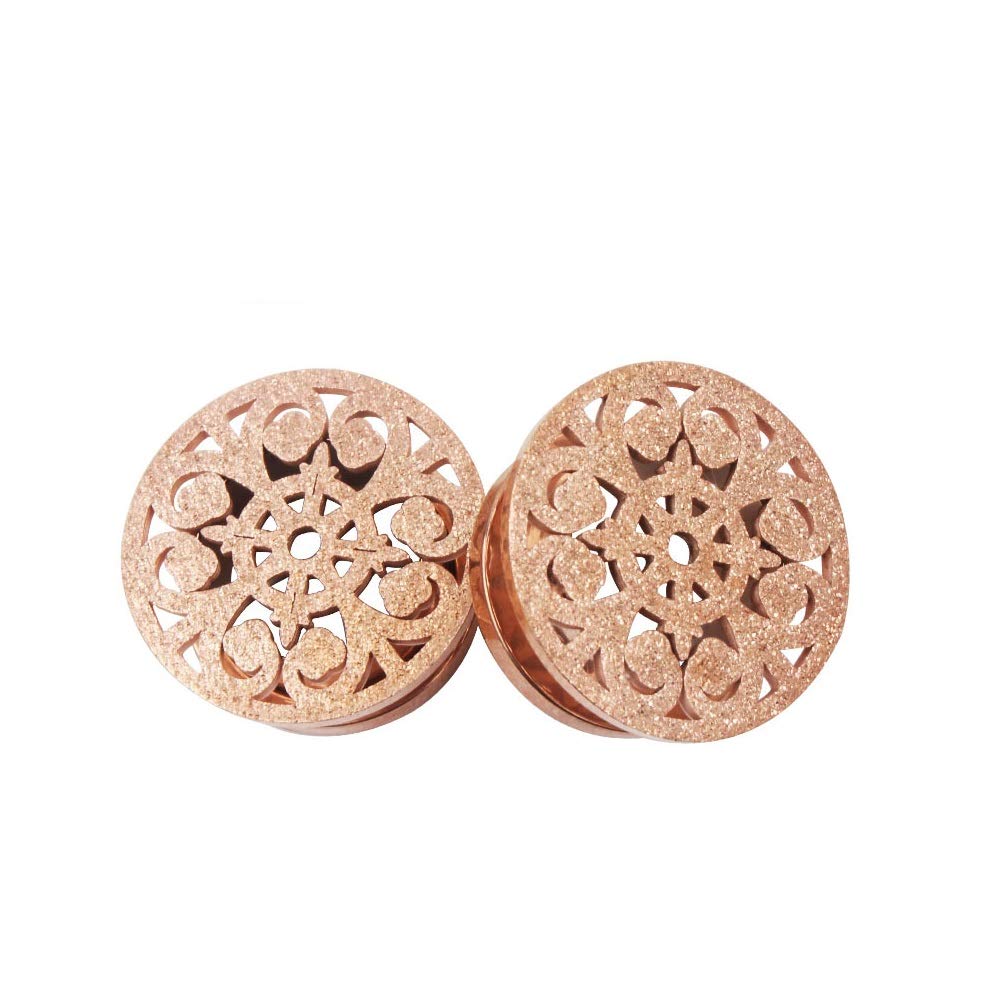 Frosted Filigree Flower Ear Plugs Tunnels Expander Gauges Stretcher Earrings Hollow-Out Screw Stainless Steel Piercing Body Jewelry (Rose Gold 1/2"(12mm))