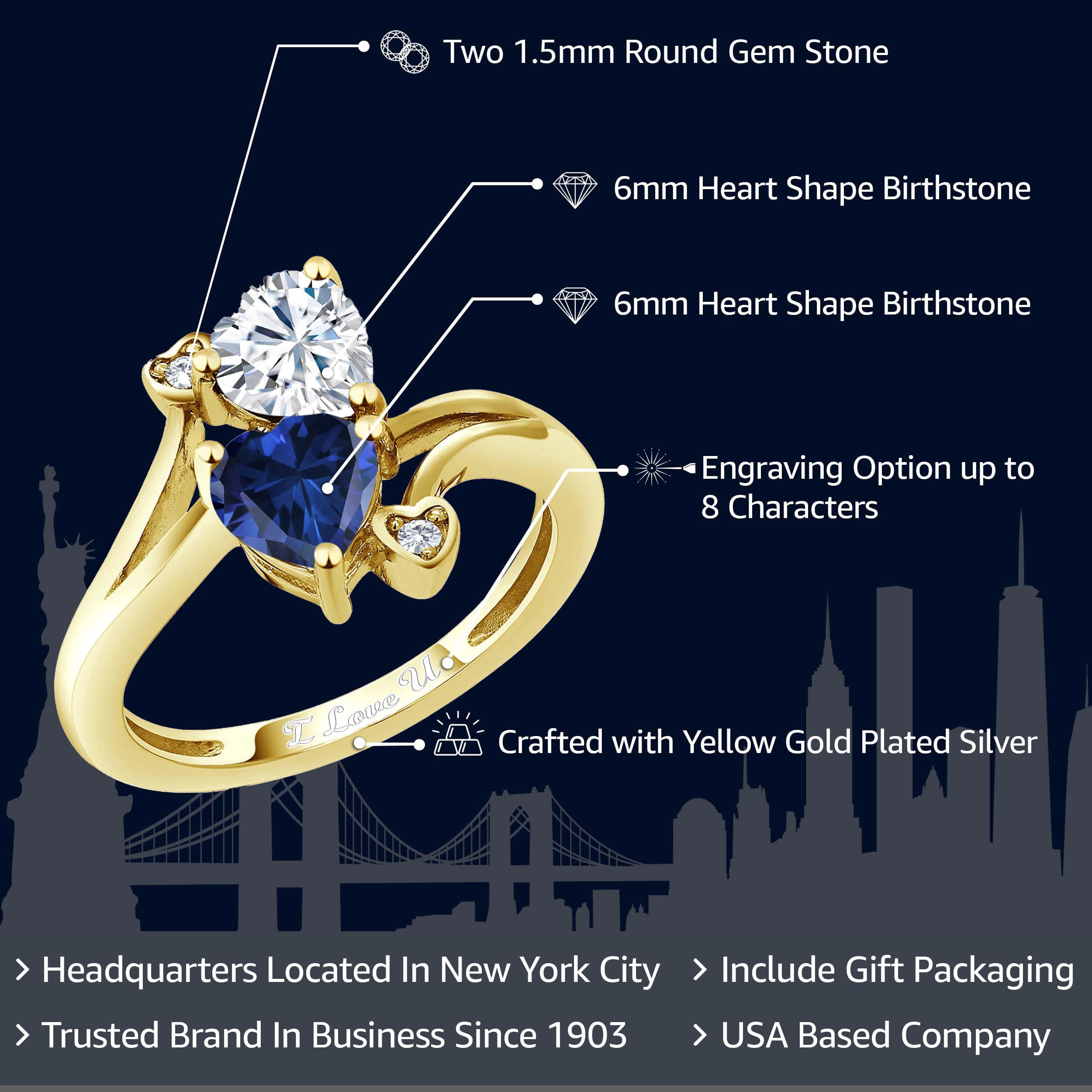 Gem Stone King 18K Yellow Gold Plated Silver Promise Customized Personalized and Engraving 2 Gemstone Birthstone For Her Heart Shape Name Engraved Engagement Ring For Women (Size 7)