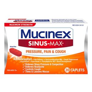 mucinex maximum strength sinus-max pressure, pain & cough caplets, 20 ct, relieves minor aches and pains, headache, chest congestion, nasal congestion, sinus pressure, and controls cough