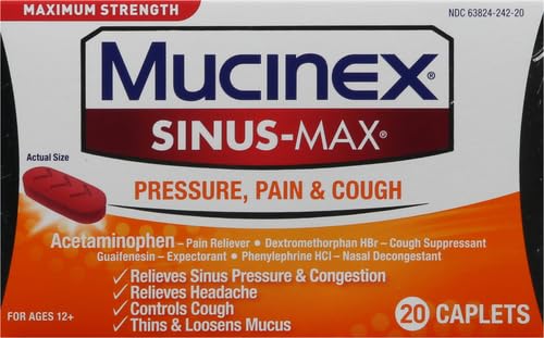 Mucinex Maximum Strength Sinus-Max Pressure, Pain & Cough Caplets, 20 ct, Relieves Minor Aches and Pains, Headache, Chest Congestion, Nasal Congestion, Sinus Pressure, and Controls Cough