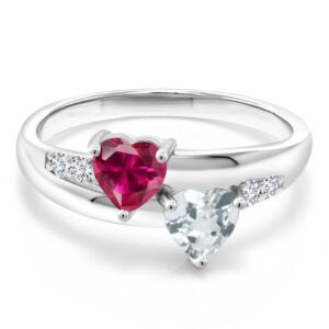 Gem Stone King 925 Sterling Silver Red Created Ruby Sky Blue Aquamarine and Lab Grown Diamond Women Engagement Ring (1.06 Cttw, Heart Shape 5MM, Available in size 5, 6, 7, 8, 9)