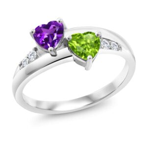 gem stone king 925 sterling silver purple amethyst green peridot and white lab grown diamond ring for women (0.98 cttw, heart shape 5mm, gemstone birthstone, available in size 5, 6, 7, 8, 9)