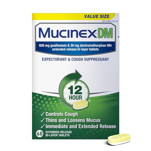 Mucinex DM 12Hr Chest Congestion & Cough Medicine For Adults, Cold And Cough Medicine for Excess Mucus Relief, 600 mg Guaifenesin & 30 mg Dextromethorphan HBr, 68 Bi-Layer Tablets