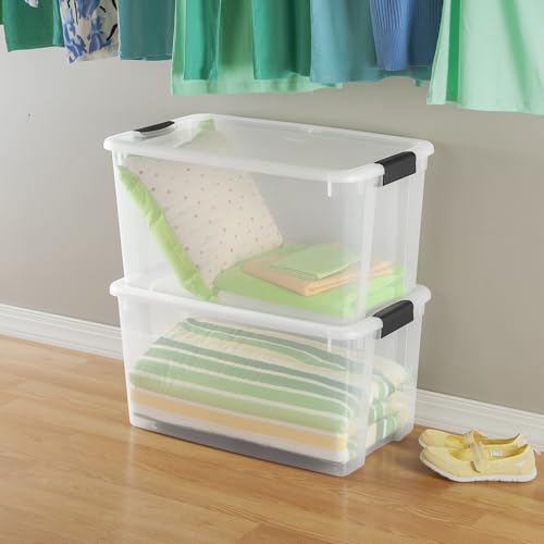 Sterilite 70 Qt Ultra Latch Box, Stackable Storage Bin with Latching Lid, Organize Clothes, Sport Gear in Basement, Clear with White Lid, 16-Pack