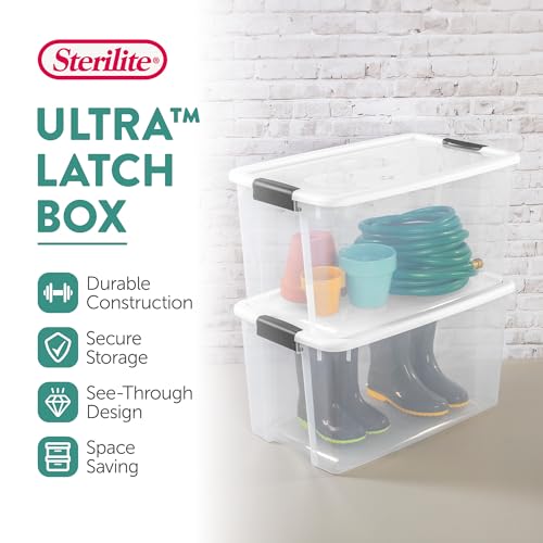 Sterilite 70 Qt Ultra Latch Box, Stackable Storage Bin with Latching Lid, Organize Clothes, Sport Gear in Basement, Clear with White Lid, 16-Pack