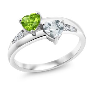 gem stone king 925 sterling silver green peridot sky blue aquamarine and white lab grown diamond ring for women (0.96 cttw, heart shape 5mm, available in size 5, 6, 7, 8, 9)