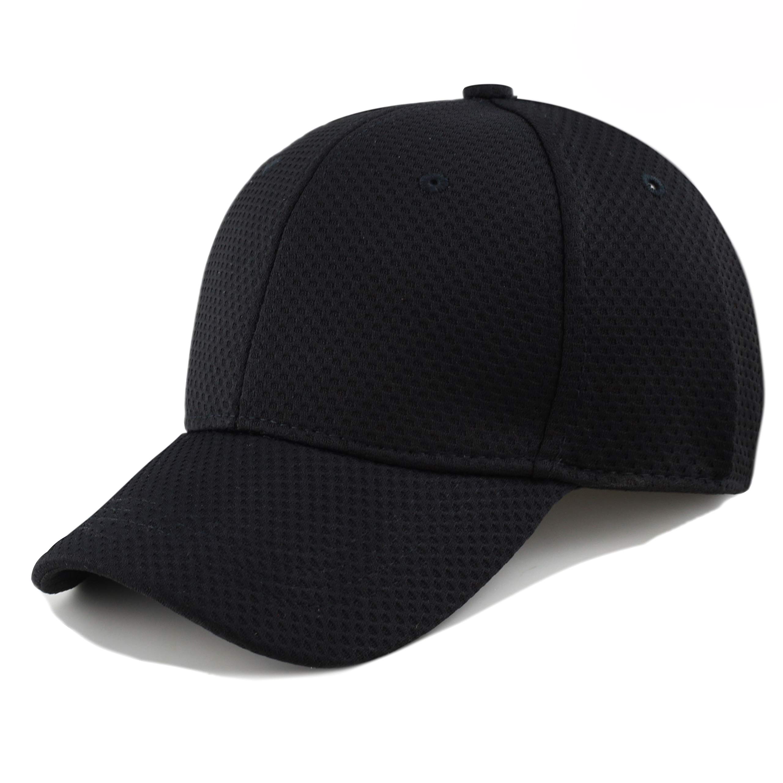 Men's Curved Brim Stretch Fit Mesh 6 panel Fitted Cap (S/M, Black)