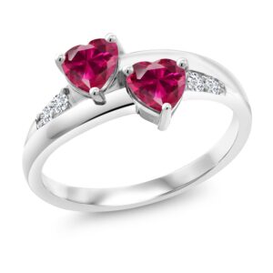 Gem Stone King 925 Sterling Silver Red Created Ruby and Lab Grown Diamond Ring For Women (1.28 Cttw, Heart Shape 5MM, Available in size 5, 6, 7, 8, 9)