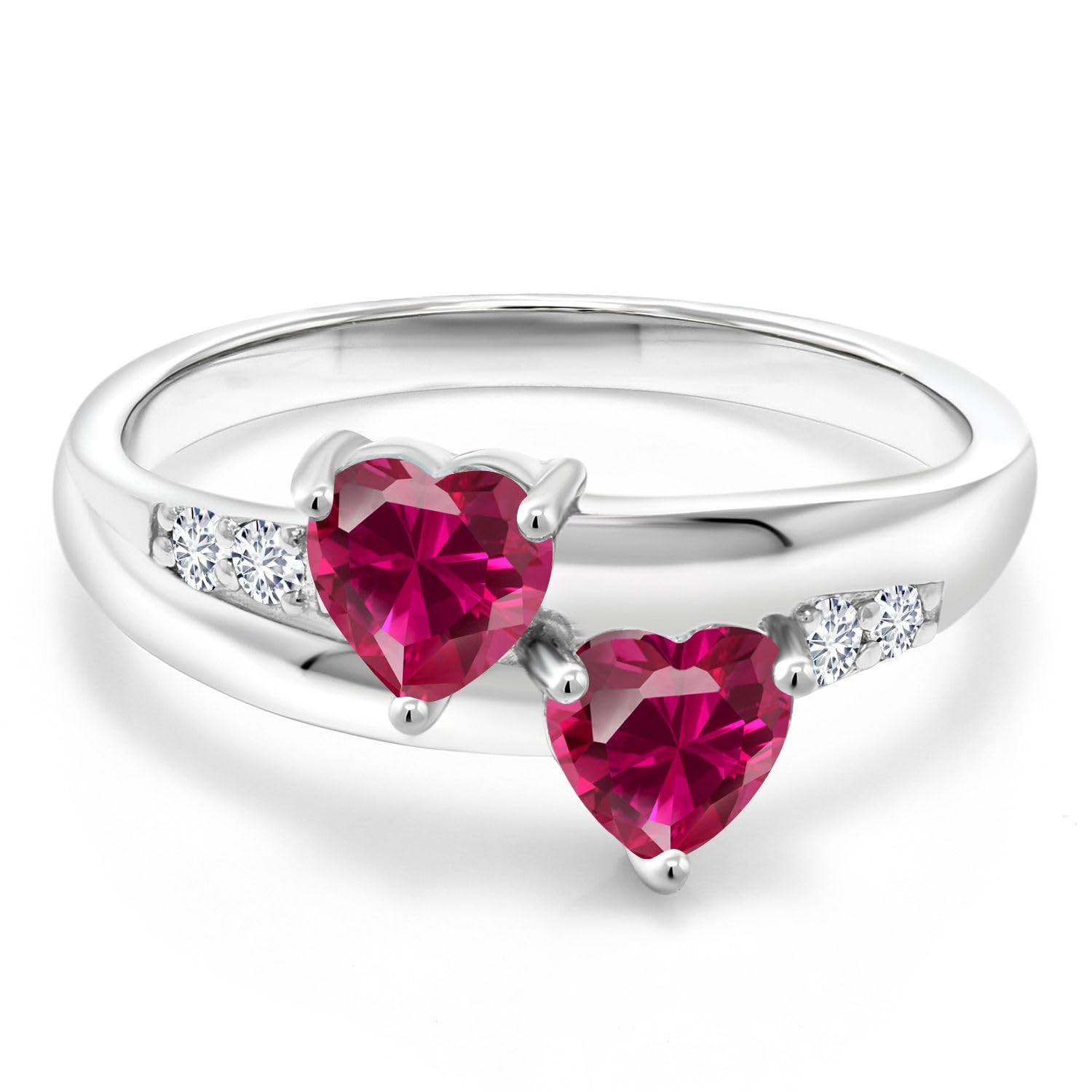 Gem Stone King 925 Sterling Silver Red Created Ruby and Lab Grown Diamond Ring For Women (1.28 Cttw, Heart Shape 5MM, Available in size 5, 6, 7, 8, 9)