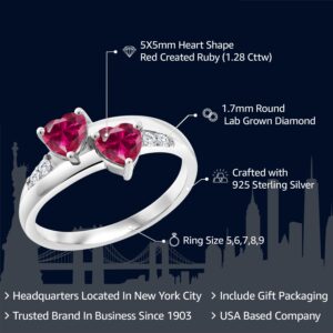 Gem Stone King 925 Sterling Silver Red Created Ruby and Lab Grown Diamond Ring For Women (1.28 Cttw, Heart Shape 5MM, Available in size 5, 6, 7, 8, 9)