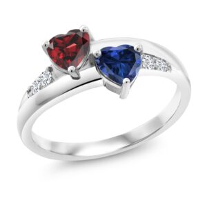 gem stone king 925 sterling silver red garnet and blue created sapphire and lab grown diamond women engagement ring (1.24 cttw. heart shape 5mm, available in size 5, 6, 7, 8, 9)