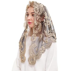 spanish mantilla embroidery lace veils catholic church mantillas chapel scarf lace mass (black and gold), 120cm*60cm