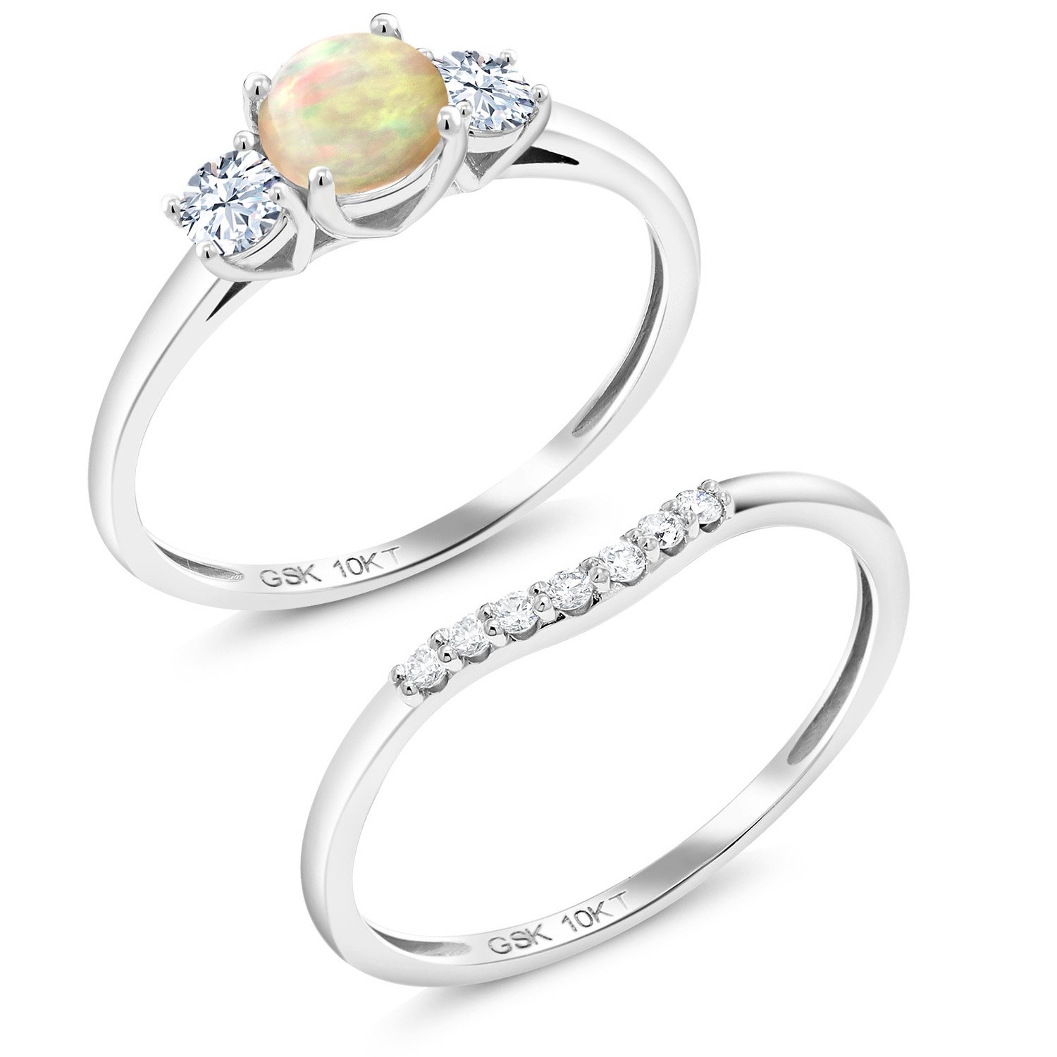 10K White Gold White Ethiopian Opal and White Created Sapphire and Lab Grown Diamond 3-Stone Bridal Engagement Wedding Ring Set For Women (0.63 Cttw, October Birthstone, Round Cabochon 5MM, Size 7)