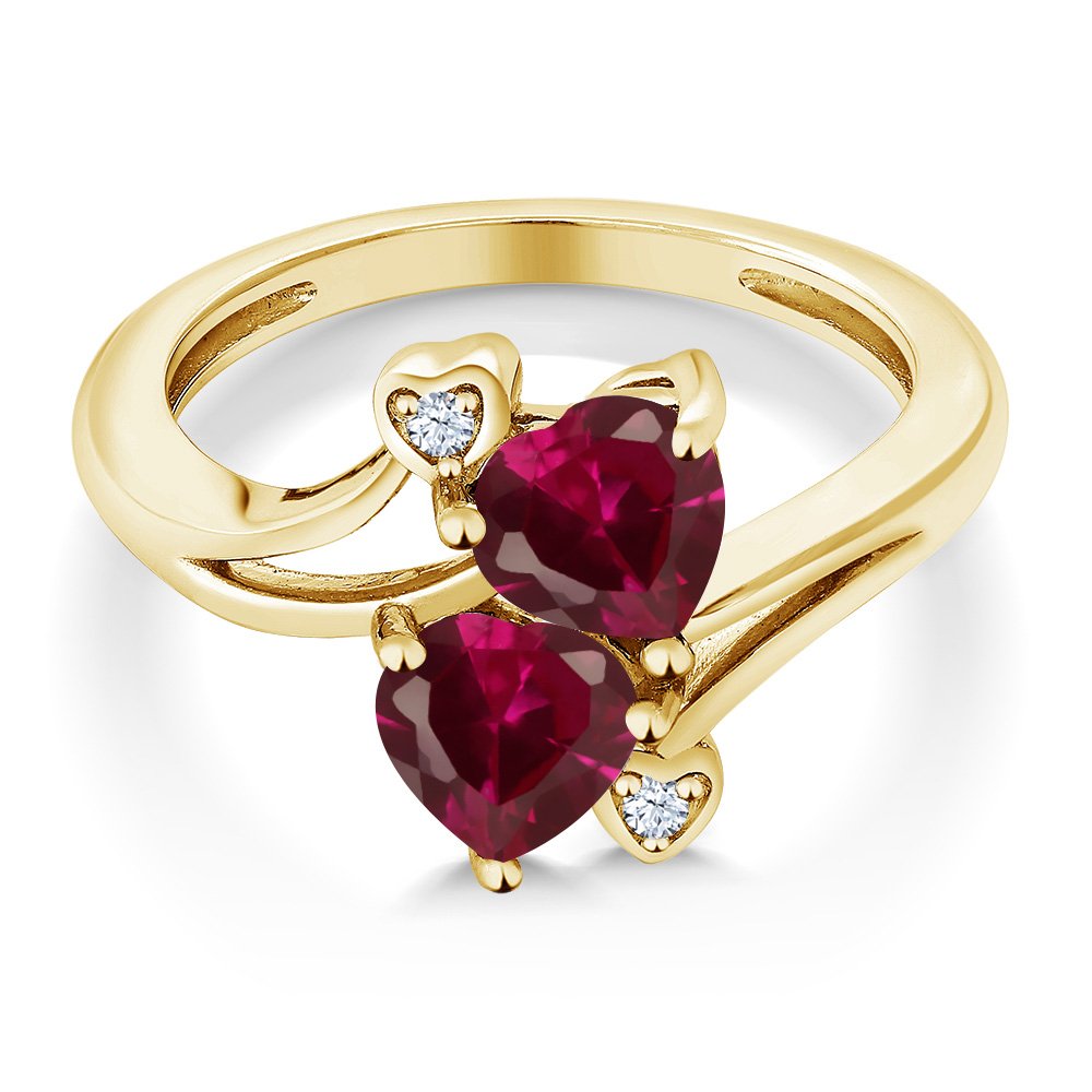 Gem Stone King 10K Yellow Gold Red Created Ruby 2 Heart Shape Engagement Ring For Women (1.95 Cttw, Available in size 5, 6, 7, 8, 9)