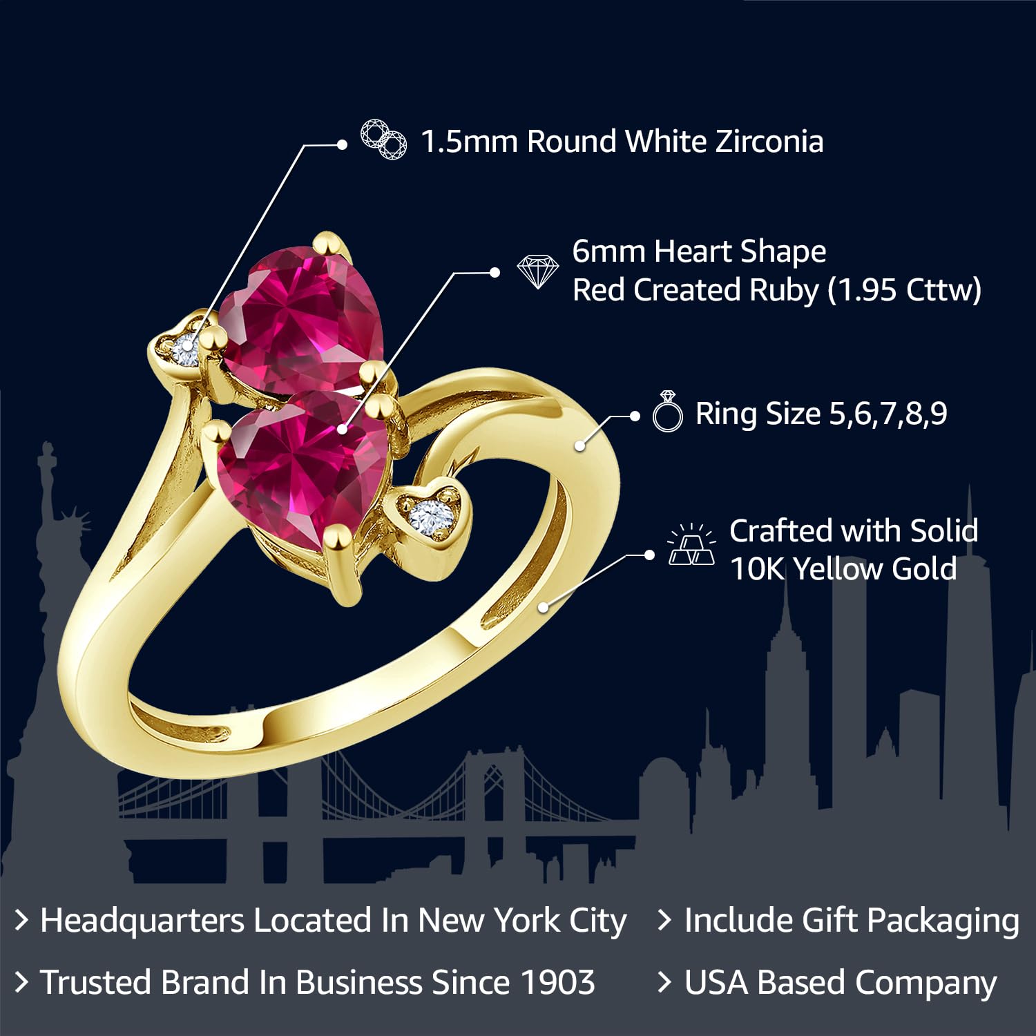 Gem Stone King 10K Yellow Gold Red Created Ruby 2 Heart Shape Engagement Ring For Women (1.95 Cttw, Available in size 5, 6, 7, 8, 9)