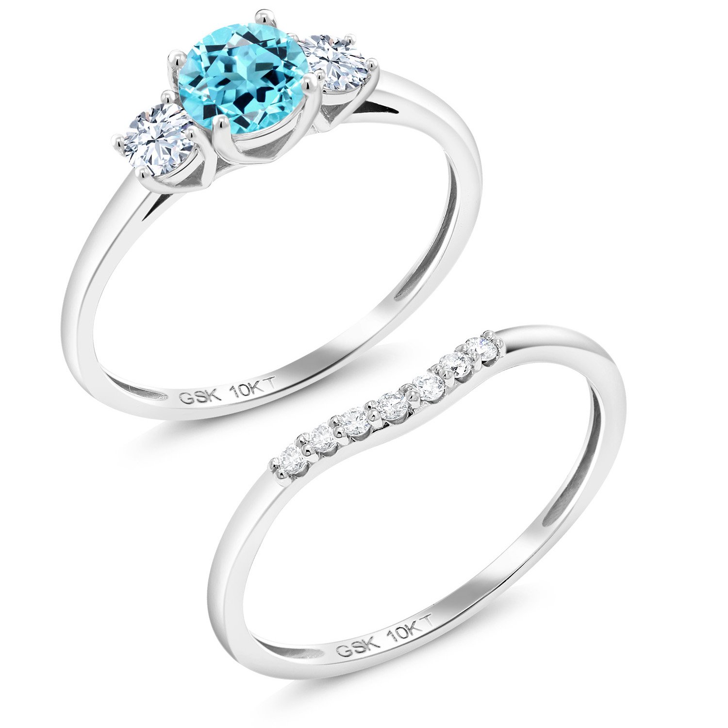 10K White Gold Swiss Blue Topaz and White Created Sapphire and White Lab Grown Diamond 3-Stone Bridal Engagement Wedding Ring Set For Women (0.88 Cttw, Gemstone November Birthstone, Round 5MM, Size 7)