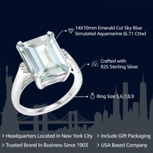 Gem Stone King 6.71 Cttw Sky Blue Simulated Aquamarine Engagement Ring For Women In 925 Sterling Silver | Emerald Cut 14X10MM | Available In Size 5, 6, 7, 8, 9