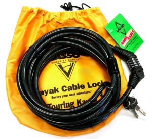 lasso security cables kong kayak lock - key and combination lock for touring kayaks - 1/2" vinyl coated galvanized steel cable - overall length 16 feet - loop size 47 inches